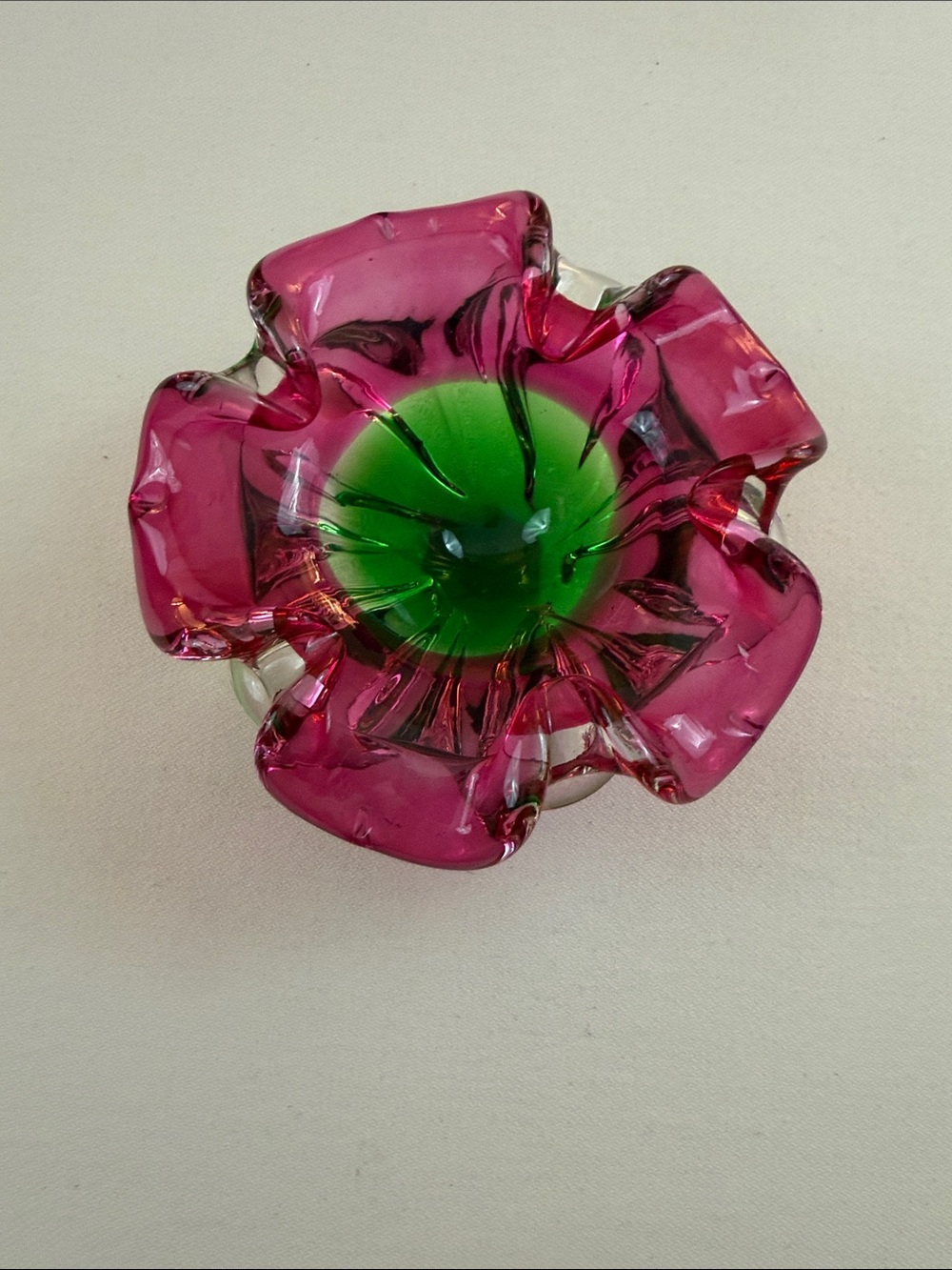 Vintage green to pink ruby blown glass flower ashtray